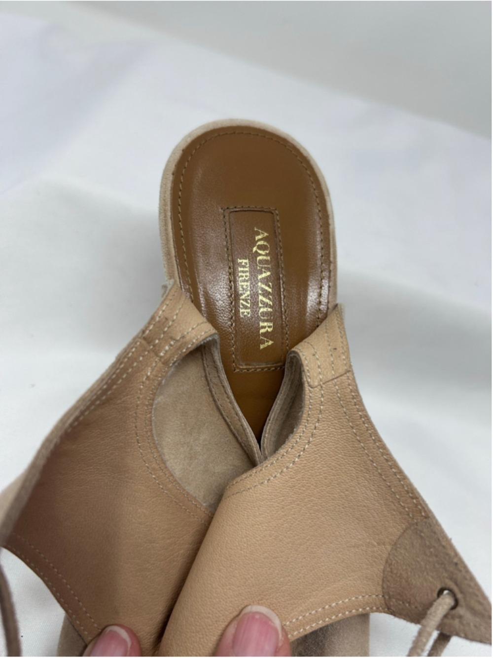 Aquazzura Sexy Thing Nude Beige Suede Lace Up Heels 38.5 Peep Toe - Picture 9 of 12